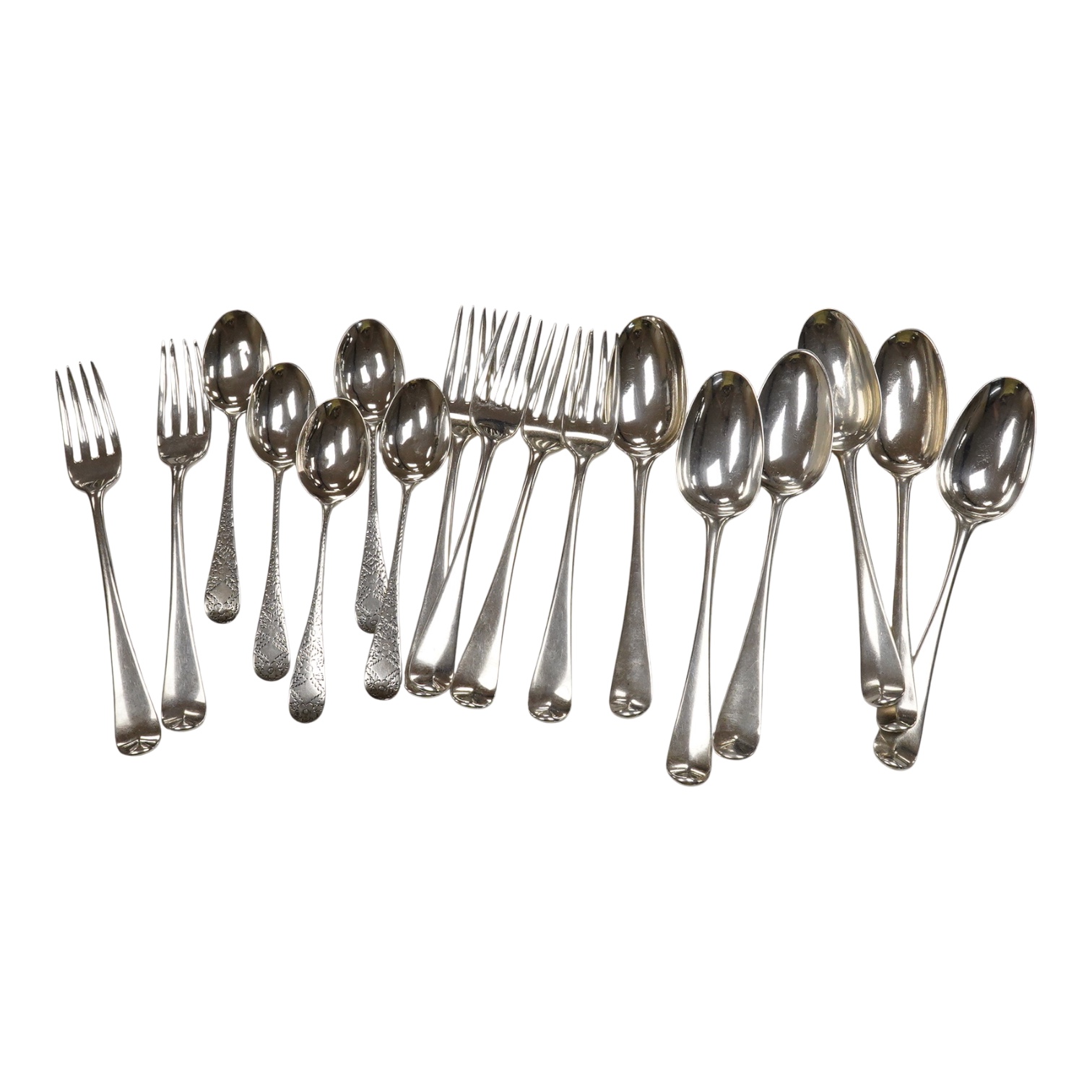 A set of six George III silver Hanoverian pattern dessert forks, Christopher & Thomas Wilkes Barker, London, 1802, together with six 18th century silver base mark dessert spoons and a set of six late Victorian engraved s